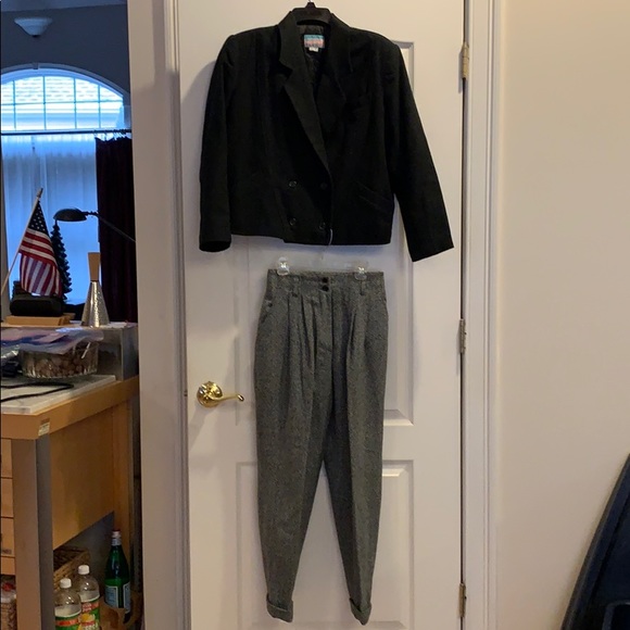 Vintage 80s Wool Black w Black & White Tweed Pants - Picture 1 of 7
